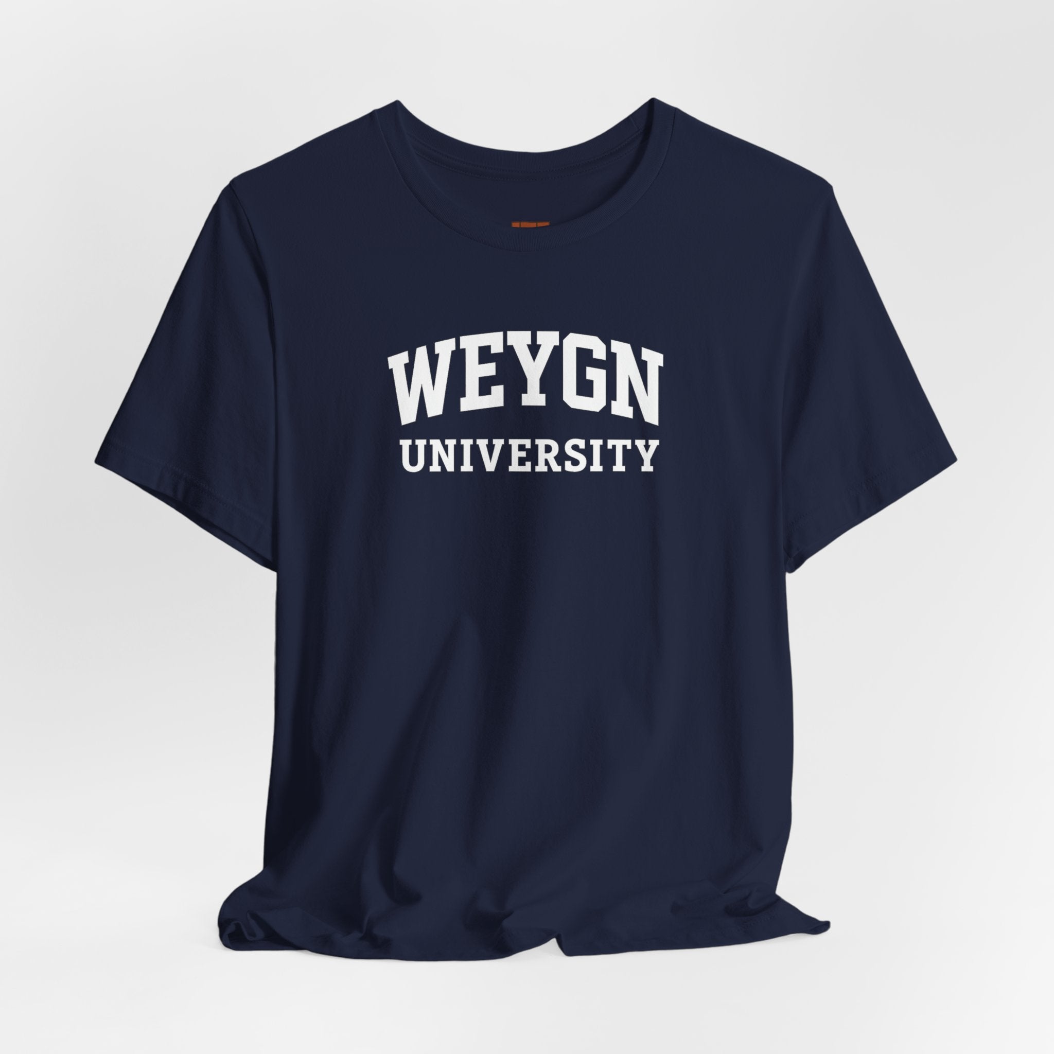 Weygyn University White Tee – Subtle Embossed Collegiate Shirt